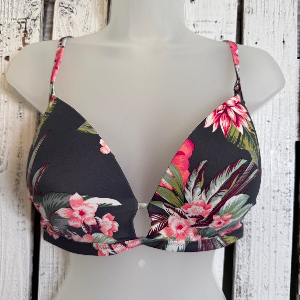 Floral Plunge Bikini Top in Black and Pink - Women's Swim